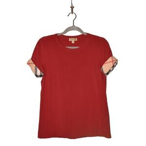 Burberry Red Tee with Plaid Sleeve Detail